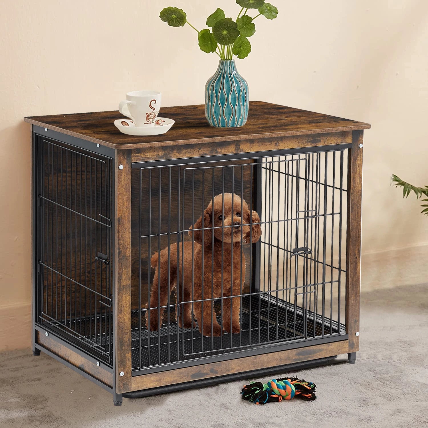 Vintage Dog Cage End Table Indoor Wooden Kennel Pet Crate