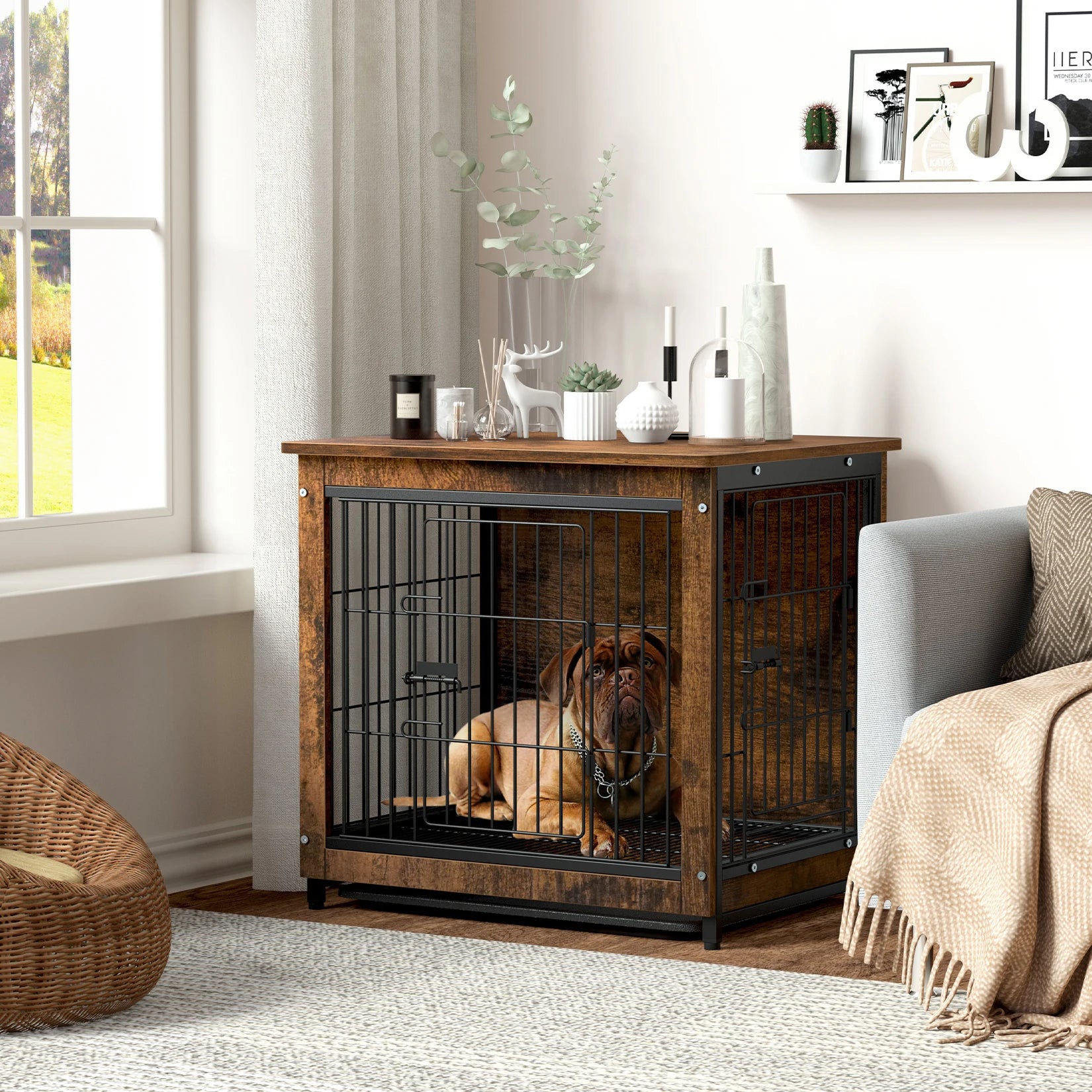 Vintage Dog Cage End Table Indoor Wooden Kennel Pet Crate