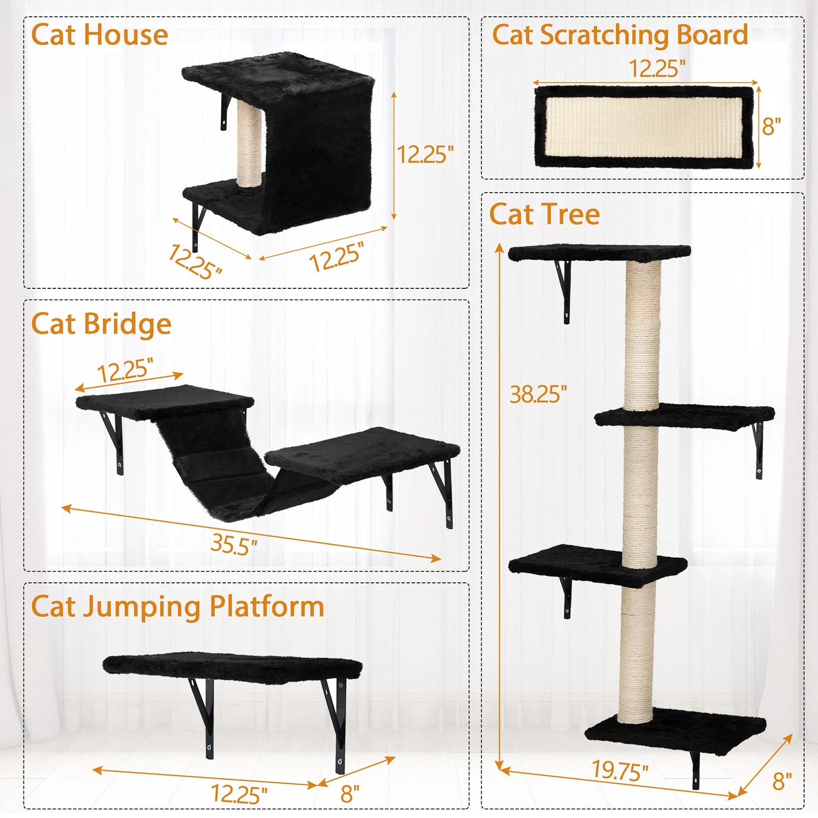 Wall-Mounted Cat Climber Set, Black